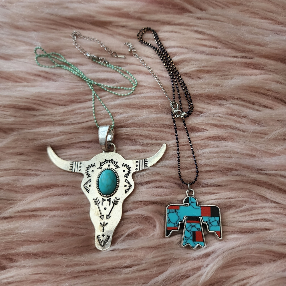 2 Western Turquoise Silver Pendant Necklaces Bull Skull Thunderbird
